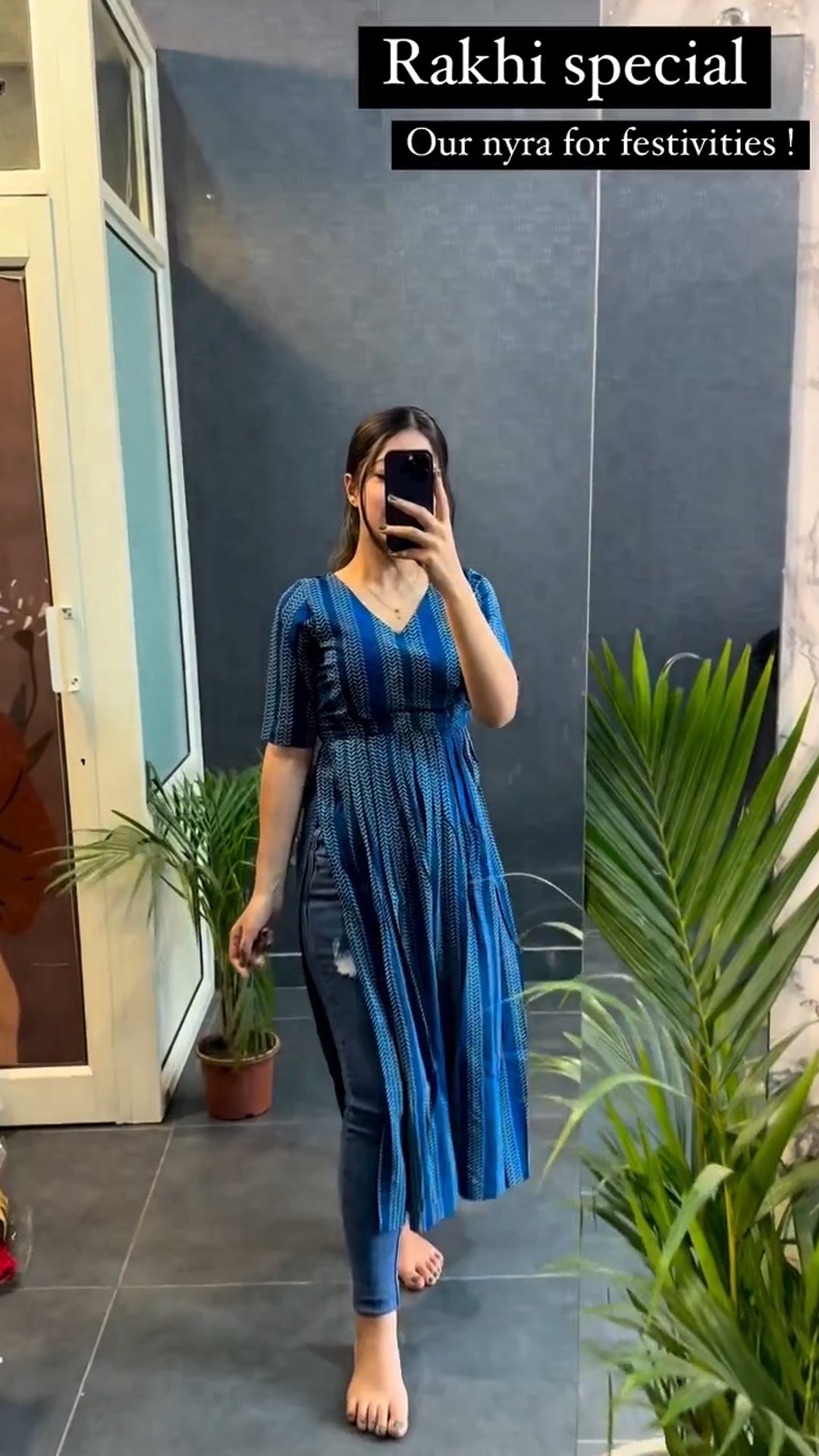 Blue Patta Cotton Printed Nyra Cut Kurti