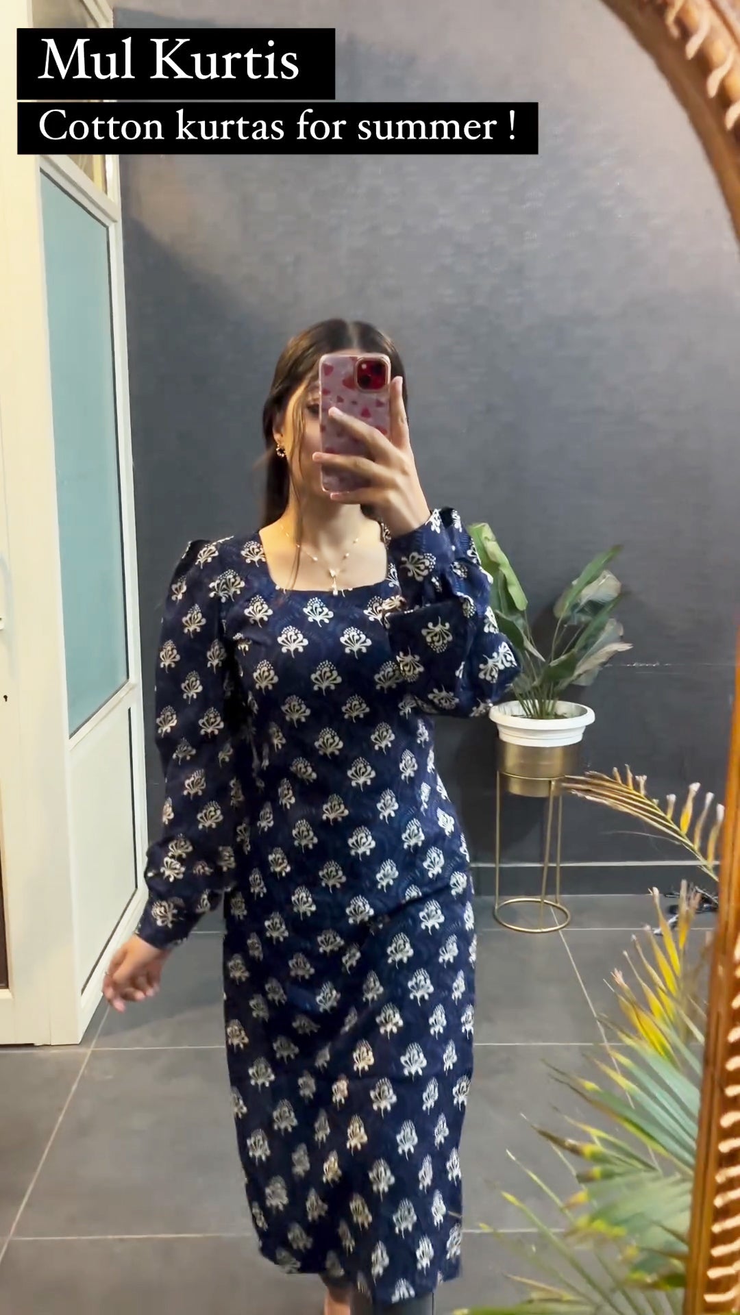 Blue Pongal Cotton Printed Kurti in Full Sleeves