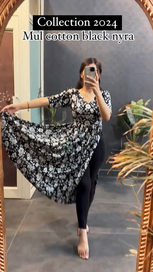 Top Trending Black Floral Printed Cotton Nyra Kurta