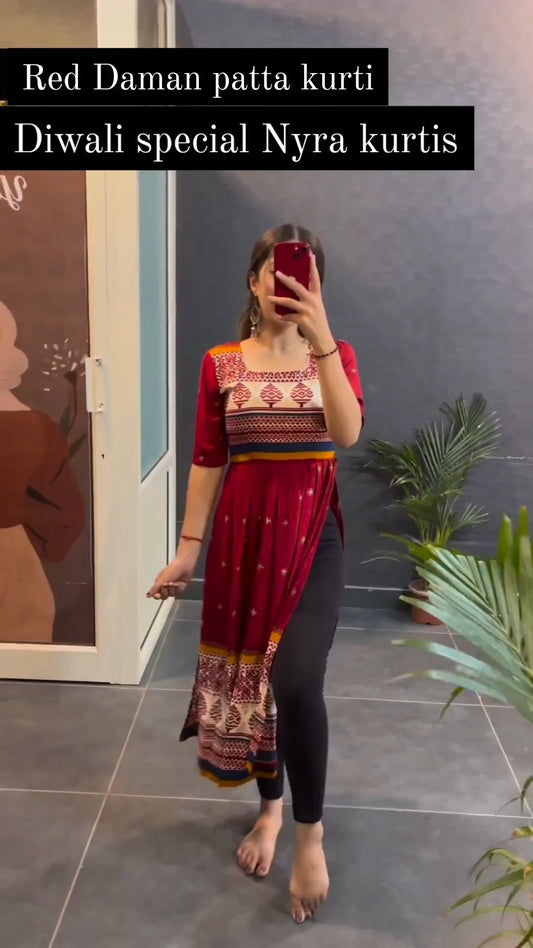 Red Rayon Printed Cotton Nayra Cut Kurti