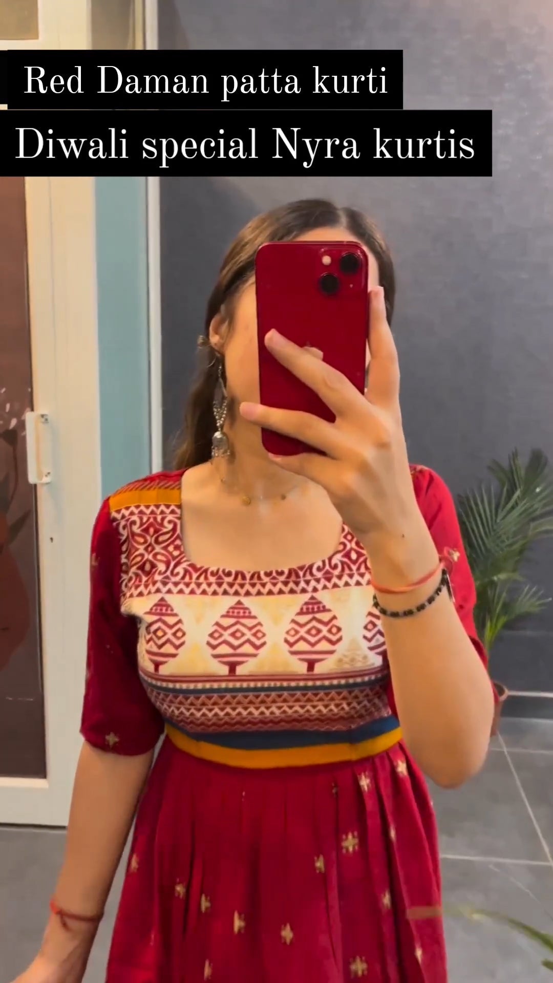 Red Rayon Printed Cotton Nayra Cut Kurti