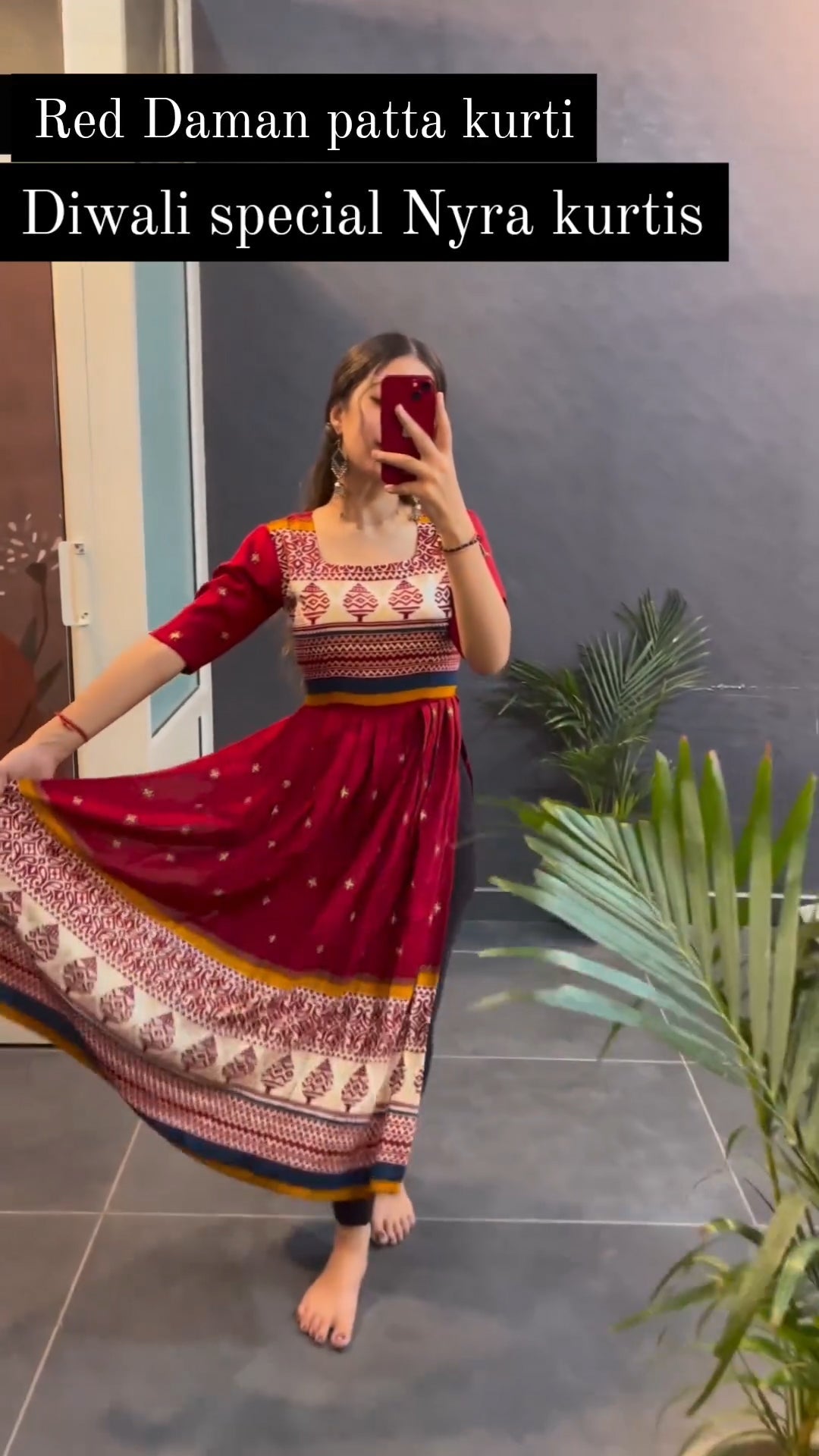 Red Rayon Printed Cotton Nayra Cut Kurti