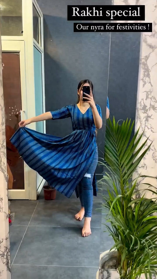 Blue Patta Cotton Printed Nyra Cut Kurti