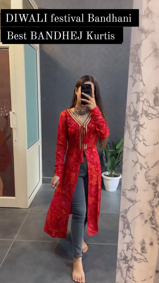 Red Rayon Printed Less Nayra Cut Kurti