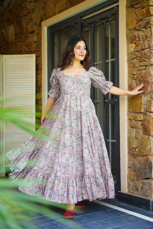 GREY BLOOM COTTON DRESS
