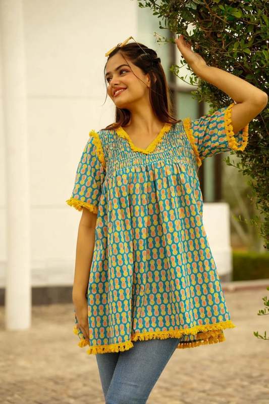 TURQUOISE EMBROIDERED PRINTED LISA COTTON KURTA TOP