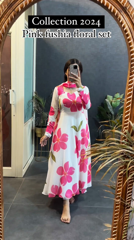 Pink Fushia Floral Set in Long Sleeves with Duppta