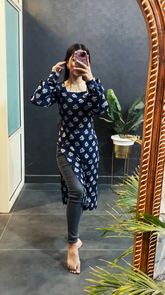 Blue Pongal Cotton Printed Kurti in Full Sleeves