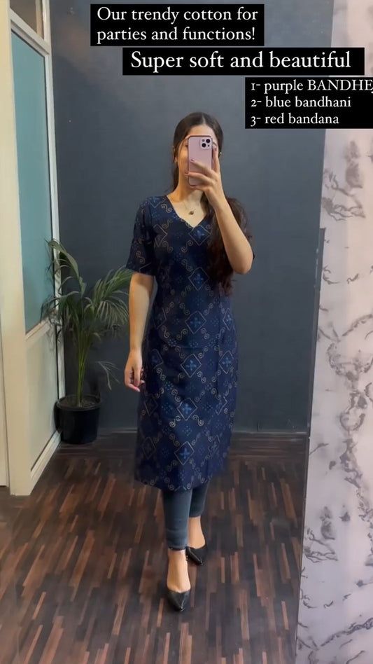 New Womens Blue Soft Cotton Printed Kurti