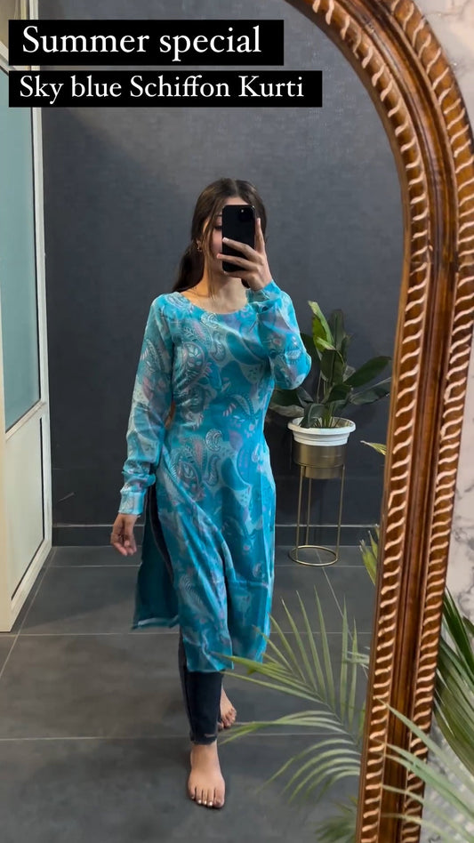 Sky Blue Schiffon Printed Kurti For Women