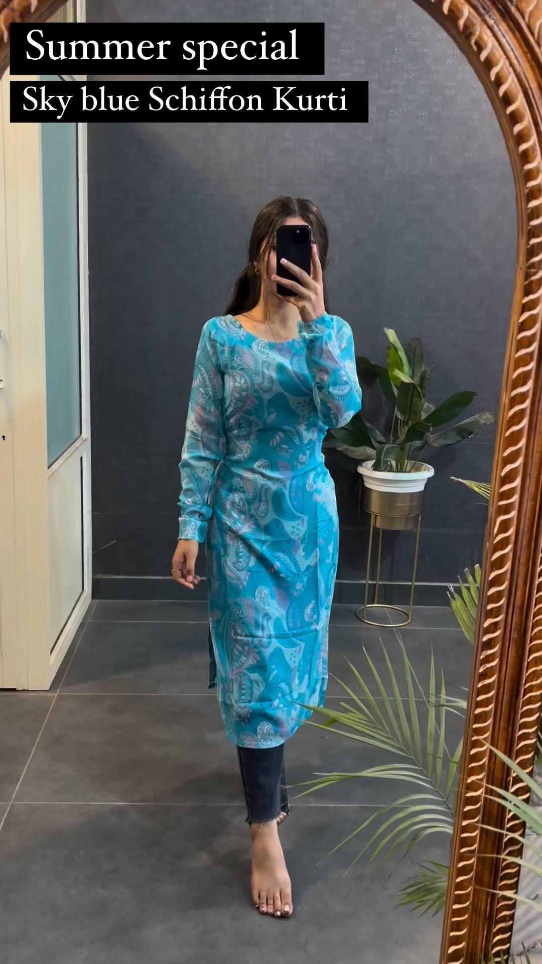 Sky Blue Schiffon Printed Kurti For Women