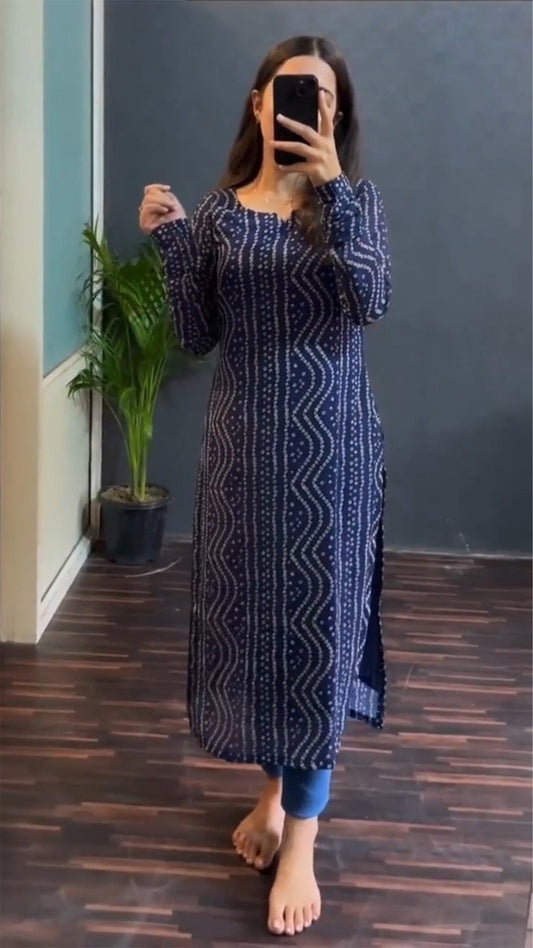 Blue Bandhani Printed Kurti For Women
