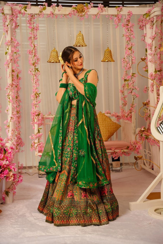PEACOCK GREEN SILK LEHENGA SET