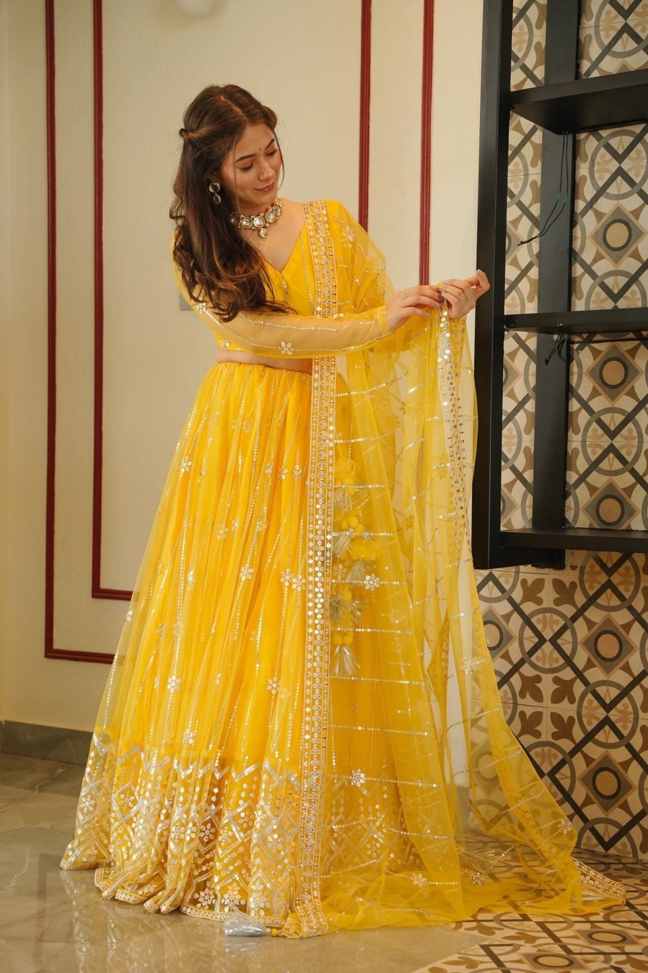 YELLOW NET LEHENGA CHOLI SET