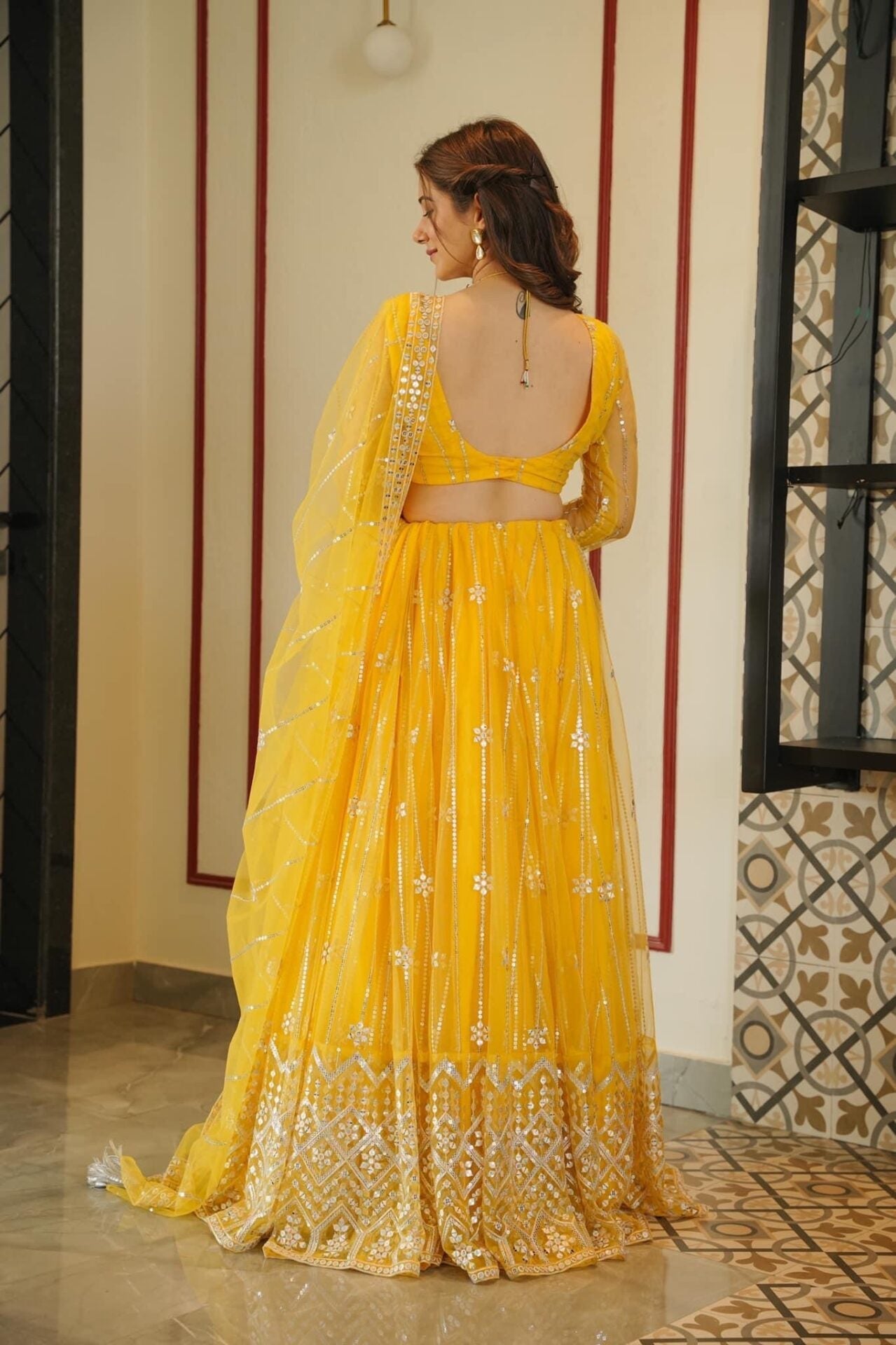 YELLOW NET LEHENGA CHOLI SET