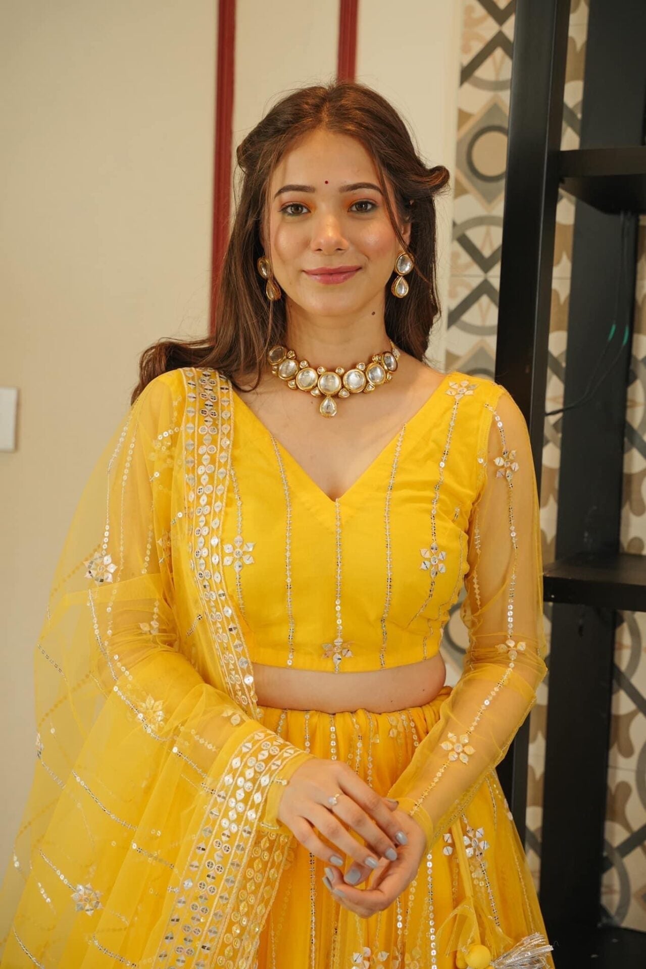 YELLOW NET LEHENGA CHOLI SET