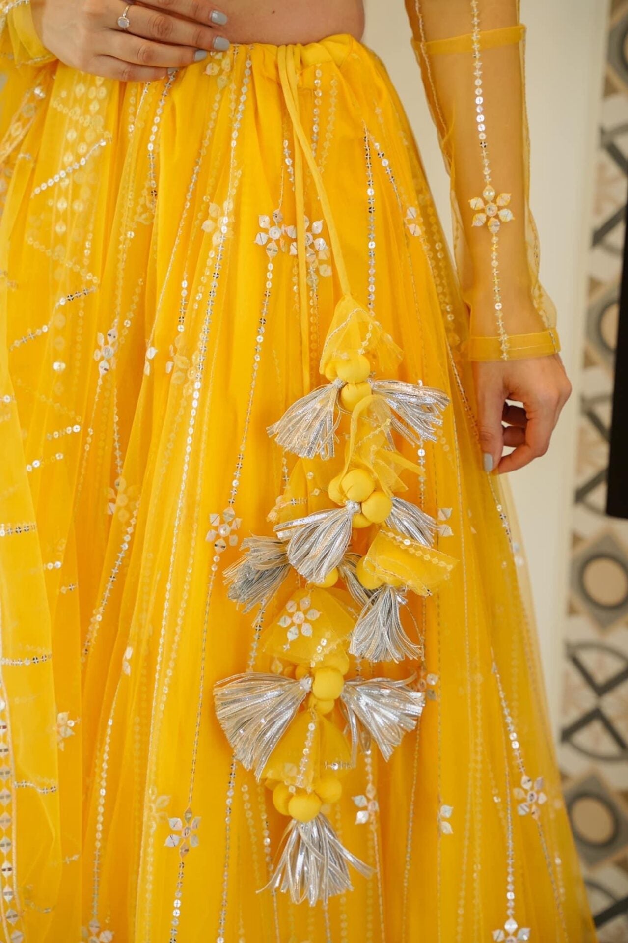 YELLOW NET LEHENGA CHOLI SET